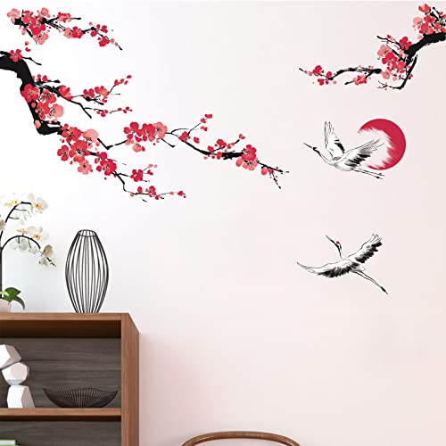 wondever Stickers Muraux Fleurs de Cerisier Prune Autocollants Muraux Mural Stickers Style Chinois Branche Arbre pour Chambre Salon TV Mur Bureau