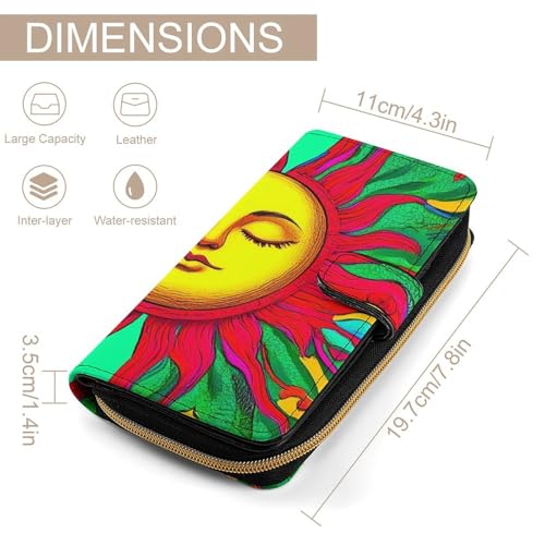 PU Leather Wallet with 12 Card Slots, Women Men Portable Wallets Multi-Functional Purse for Work, Travel, Trippy Sun Art Elegant Large Capacity Wallet2
