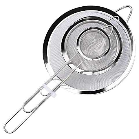 MAKREL® Premium Fine Mesh Stainless Steel Sieves, Set of 3. Strainer for Sifting Flour, Pasta, Rice, Tea etc. Dishwasher Safe Cover