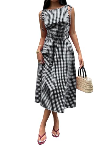 Acelitt Summer Maxi Dresses for Women 2026 Smocked Waist Gingham Dress Flowy A Line Beach Long Sun Dresses with Pockets Vacation Outfits Black Medium