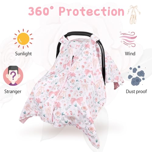 Image of Baby Car Seat Cover, Soft Minky Warm Winter Car Seat Canopy for Infants & Toddlers, Opening with Adjustable Strap, Breathable Nursing Cover & Stroller Blanket, Pink Flowers (Fits Most Car Seats)