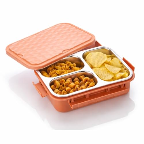 Image of Insulated Stainless Steel Lunch Box with Textured Lid | 3 Compartments | 525ml | BPA Free | Leakproof | Microwave Safe Without Lid | Bento Tiffin Box for Office School Travel (Orange, 3)