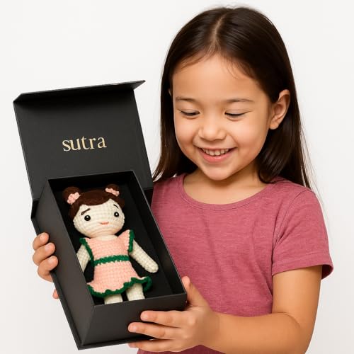 Image of Sutra Handmade Crochet Doll in Peach & Green Dress | Wool Amigurumi Soft Toy | Handmade Gift for Kids, Nursery & Home Decor