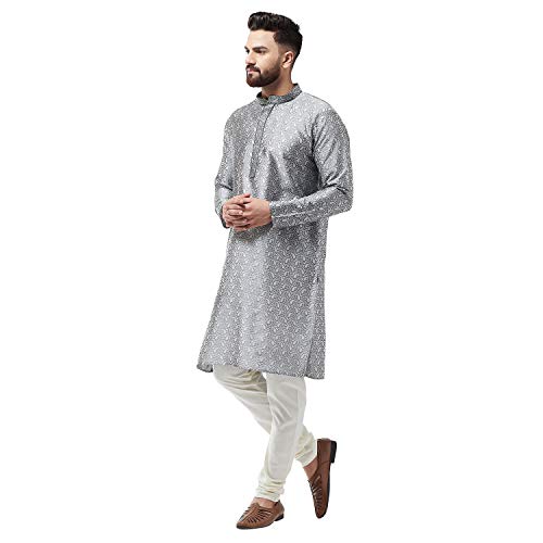 Sojanya (Since 1958 Men'S Silk Blend Grey Kurta And Off White Churidar Pyjama Set, Size 423