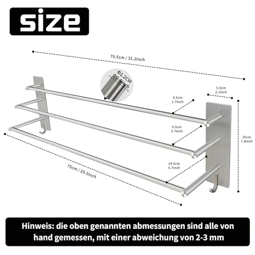 Vista SUS304 Handdoekenhouder, 3 stangen, zonder boren, 75 cm, roestvrij staal, zelfklevende handdoekhouder, zilver, badkamer, handdoekhouder met twee haken, voor keuken, badkamer, slaapkamer, zilver - Image 5