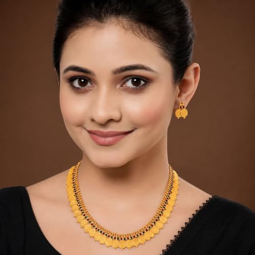 Image of ZENEME Jewellery Set Gold Plated Long Traditional Maharani Beads Studded Temple Coin Necklace Set with Earrings Jewellery For Women & Girls