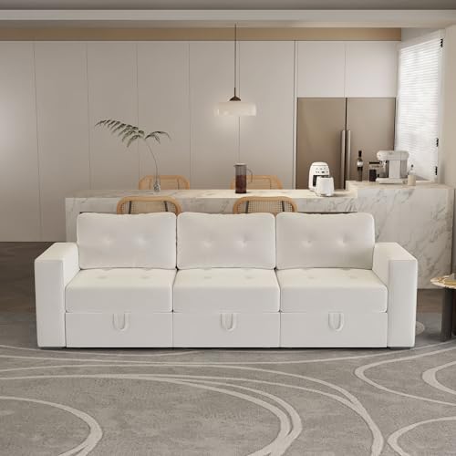 Image of QHITTY Modular Sofa, 3 Seater Accent Couch with Hidden Extra Large Storage Space for Living Room, Beige White