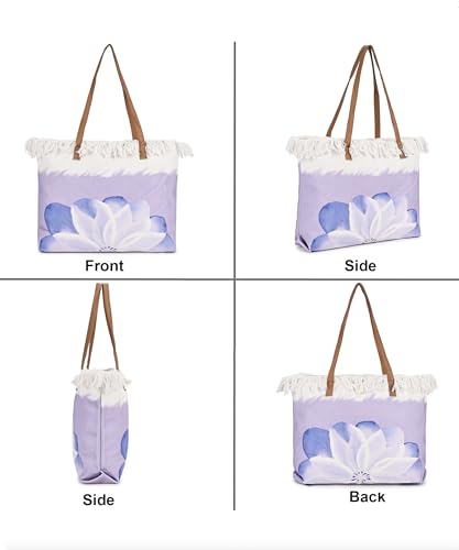 Image of GRECIILOOKS Eco Canvas Boho Tote Bag for Women, Spacious Jute Handbag with Faux Leather Straps, Frayed Edge & Floral Print, Lightweight Shoulder Bag for Beach Travel Shopping Work
