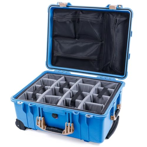 Pelican Protector 1560 Case by ColorCase - Blue - Waterproof Case with Gray Padded Microfiber Dividers & Mesh Lid Organizer - Desert Tan Handles & Latches