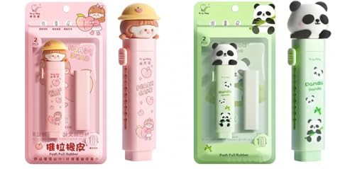 Image of Parshya Cute Cartoon & Peach Push Pull Eraser Set for Kids | Retractable Click Style Rubber for School & Drawing | 2 Pcs Kawaii Stationery