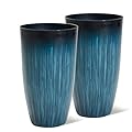 Worth Garden 23.5" H. Large Plastic Planters - Set of 2 Gradient Blue Glossy Smooth Finish - Tall Plant Pots for Indoor & Outdoor Use - Decorative Lightweight Flower Pot for Front Porch, Patio, Deck