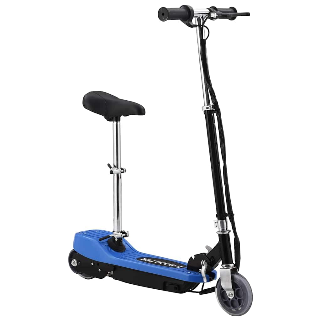 Trottinette électrique avec siège 120 W bleu, pliable et pliable, avec guidon et hauteur de siège réglables, pneus anti-crevaison, idéale pour les enfants jusqu'à 50 kg, mobile et maniable