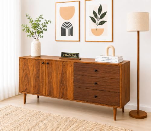 Image of Solid Sheesham Wood Sideboard Cabinet with 3 Drawers & 2 Door Storage | Wooden Buffet Cabinet for Dining Room | Modern Storage Console for Living Room & Entryway