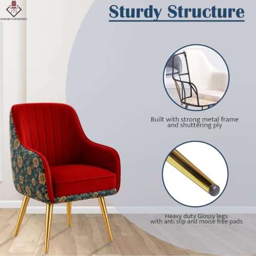 Image of Set of 2 Accent Chair for Living Room | Modern Armchair in Soft Velvet Fabric with Sturdy Legs | Premium Chair for Home Living Room Bedroom Restaurent | (Gold Legs, Red Floral)