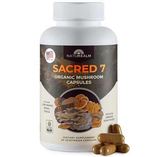 Naturealm Sacred 7 Mushroom Supplement Capsules Organic Mushroom Complex with Lions Mane Reishi Chaga Turkey Tail Cordyceps Maitake & Shiitake 1000mg 30-Day Supply