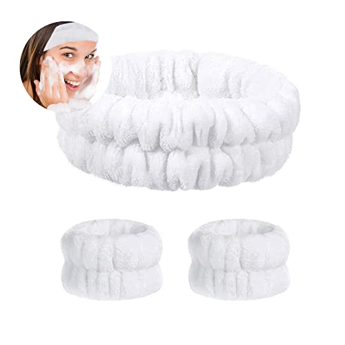 3 Poignets de Lavage Spa, Poignets de Maquillage Absorbants, Bandeau de Soin Elastique pour Lavage du Visage (Blanc)