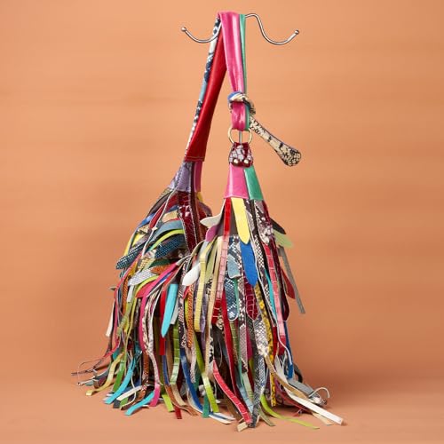 Women Multicolour Handbag Sheepskin Patchwork Shoulder Bag Colorful Tassel Purse3