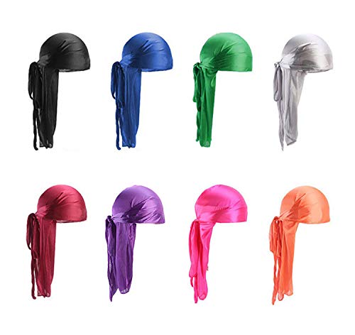 SIKAMARU Durag mit langem Schwanz, Unisex, breite Träger, Piraten-Haarverlust-Turban, Hut für Damen und Herren, Hip-Hop- und tägliche Dekoration, mehrere Farben, 8 Stück