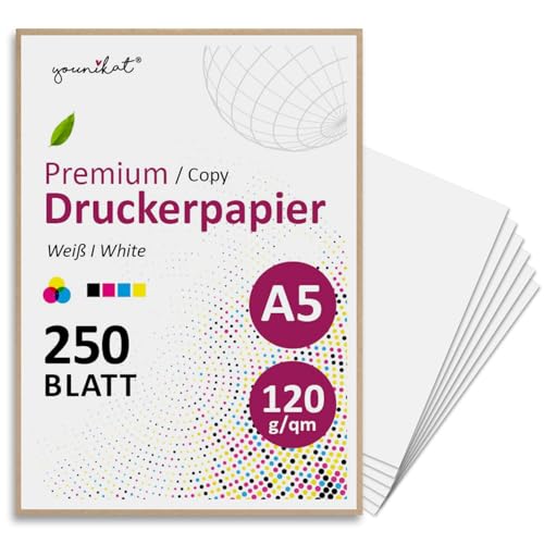 younikat DIN A5 Premium Kopierpapier I 120 g/m² I 250 Blatt in weiß I Papier Blanko Rezeptpapier I zum Basteln I geeignet für alle gängigen Laser- und Tintenstrahldrucker I dv1550