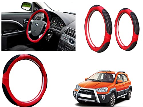 Image of Microfiber Car Steering Wheel Cover, Soft Padding Great Hand Feel, Anti-Slip, Faux Leather Steering Cover for Toyota Etios Cross | Black Red Jali - Pack of 1