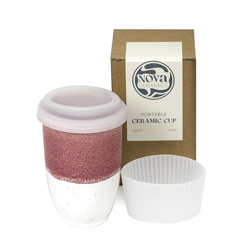 Image of NOVA CERAMICS Travel Mugs - Ceramic Tumbler With Lid - Ceramic Travel Mug To Go Cup - Microwave & Dishwasher Safe Ceramic Coffee Tumbler - Gifts For Women Men Him Her - 12oz - Coral Pink
