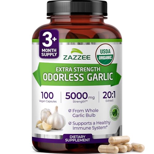 Zazzee USDA Organic Odorless Garlic 20:1 Extract, 5000 mg Strength, 100 Vegan Capsules, 3+ Month Supply, Standardized, Concentrated 20X Extract, 100% Vegetarian, All-Natural, Non-GMO, Made in The USA