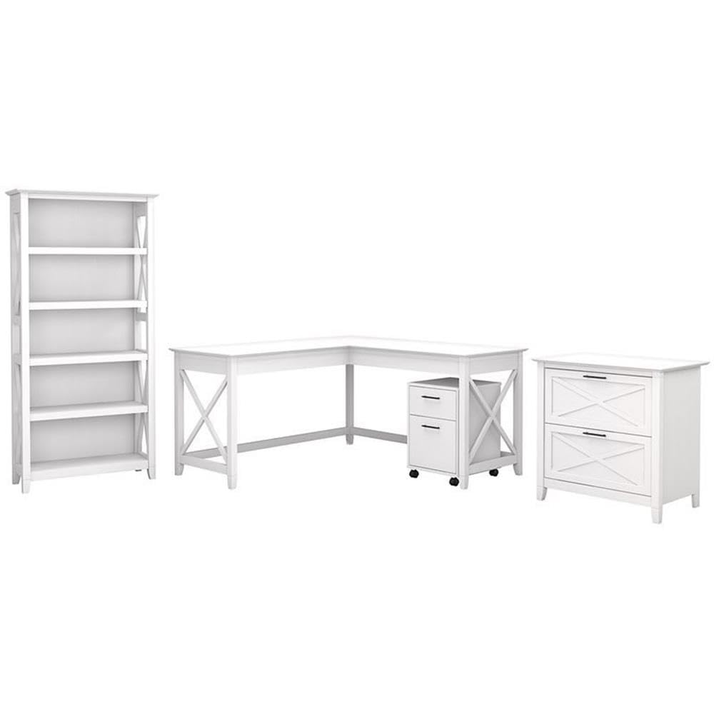 Key West 60W L Shaped Desk with File Cabinets and 5 Shelf Bookcase in Pure White Oak