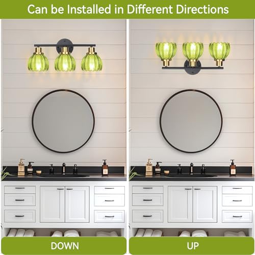 Image of Ldeco 3 Light Bathroom Vanity Light Fixtures Vintage Wall Sconce with Green Glass Shades Brushed Black Wall Mount Light Over Mirror Hallway Cabinet Living Room Decor E26 Base
