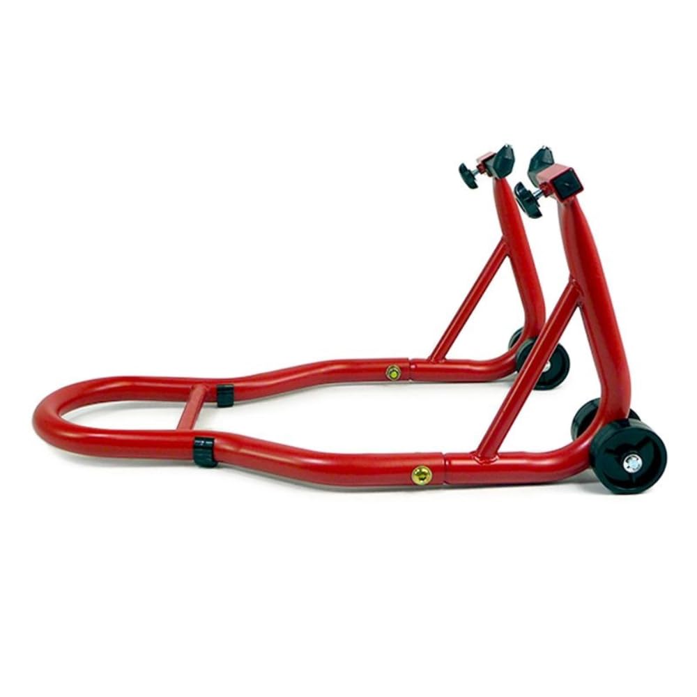 Béquille Avant d’Atelier Moto Universelle - Support Réglable avec roulettes en PVC et Supports Caoutchouc (Rouge)