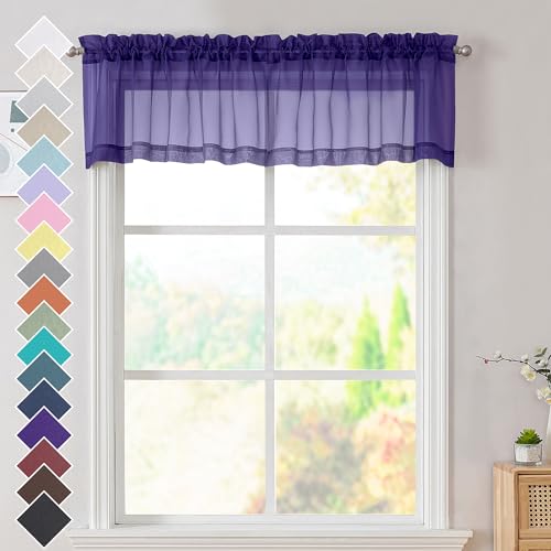 Image of OVZME 2 Panels Purple Sheer Valance - Short Sheer Curtain Valances for Windows Basement Semi Sheer Valances for Kitchen Window Dressing with Dual Rod Pocket (Purple, 42 by 14 Inches Long)