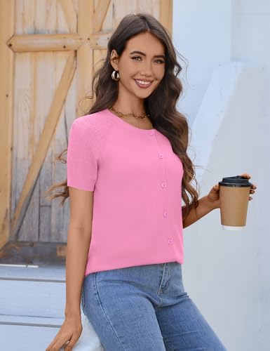 Image of FreshNight Women's 2025 Short Sleeve Cardigan Button Up Hollowed Out Crewneck Shrug Sweaters Knit Sweater Tops Lightweight