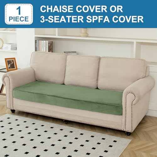 Image of Couch Cover Velvet Chaise Cushion Cover for Sectional Sofas - Elastic L-Shaped Sofa Seat Covers Washable, Slipcover Protector (1-Piece, Avocado Green)
