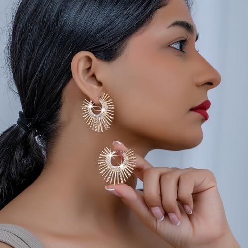 Statement Sunburst Hoop Earrings, Gold-Tone with Crystal Rhinestones, Large Fashion Hoops2