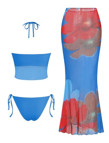 Image of ZAFUL Women 3 Piece Bikini with Cover Up Skirt Halter Bandeau Swimsuit Floral Tie Side Cheeky Bathing Suit