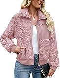 LOMON Womens Fleece Jackets Fuzzy Long Sleeve Short Winter Coats Zip Up Sherpa Outerwear with Pockets Pink,M