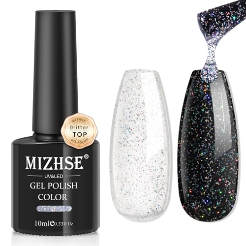 MIZHSE Glitter Top Gel, Clear Glitter Gel Silver Holographic Sparkle