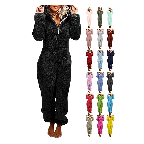 Awrvia Jumpsuit Damen Winter Overall Teddy Fleece Einteiler Onesie Warm Elegant Schlafanzug Kuschelig Lang Pyjama Flauschig Weich Hausanzug mit Kapuze Reißverschluss Schlafoverall Lässig Homewear