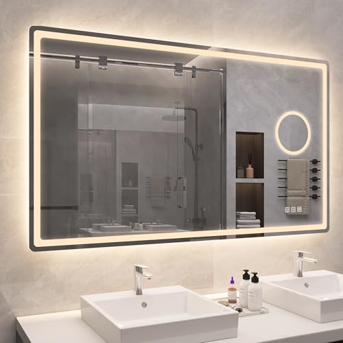S'bagno Espejo de baño LED con iluminación de 120 x 70 cm y lupa de 5 aumentos, espejo LED de baño regulable, 3 colores claros, antivaho y función de memoria, cristal templado HD, CRI 90, espejo de