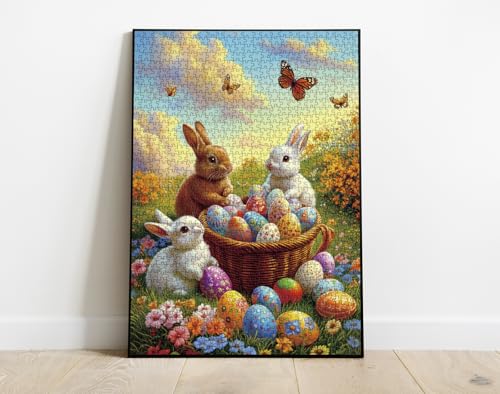 Puzzle Bunny Easter Eggs para Adultos 1000 Piezas, Rompecabezas Jigsaw Conejo de Pascua, Flowers Coloridos y Mariposas miniatura 7