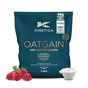 Kinetica Sports OatGain Weight Gainer – Raspberry Yoghurt Flavour | 630 Cal, 46g Protein & 82g Carbs/Serve, 30 Servings/4.8Kg | Optimum Grass Fed Protein Supplement | High Calorie & Easy Mixability