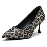 NEWBELLA Women's Arch Support Pumps - Minimalist Pointed Toe Heels for All-Day Comfort, Wide Fit Work Shoes with Cushioned Insoles, Grey Leopard 9