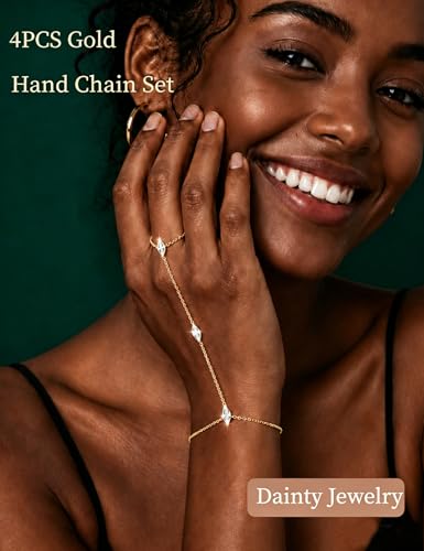 4PCS 14K Gold Plated Hand Chain Bracelet for Women, Dainty Stackable Ring Bracelet Set with Cubic Zirconia, Adjustable Hand Jewelry for Beach, Summer Vacation, Elegant Gift for Women - image 2