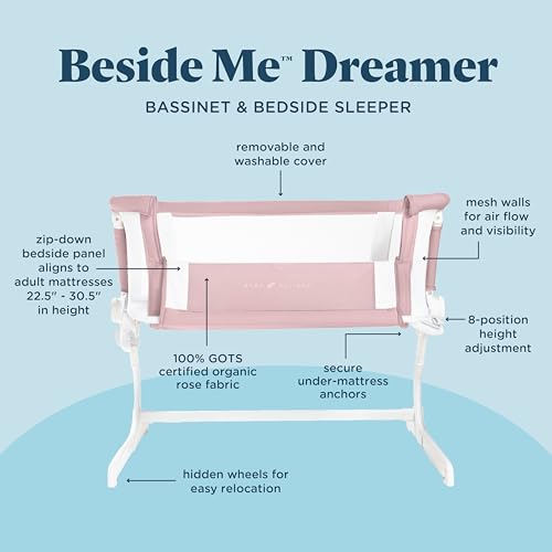 Image of Baby Delight Beside Me Dreamer Bassinet & Bedside Sleeper | Easy Access Zip-Down Panel | 8-Position Height Adjustment | 100% GOTS Certified Organic Cotton Fabric | Organic Rose
