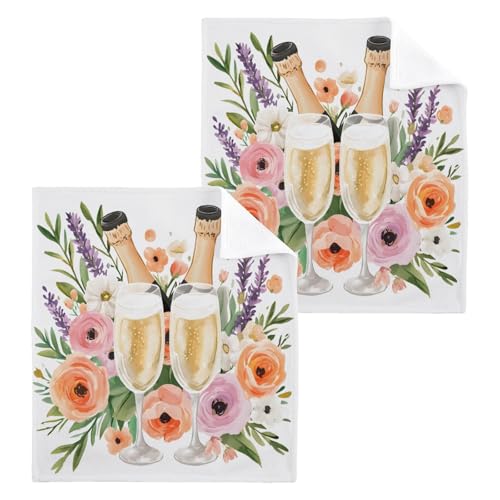 ALAZA Wash Cloth Set 100% Cotton Fingertip Towels Face Cloths Sets Champagne Flowers Highly Absorbent Soft Feel Set of 2