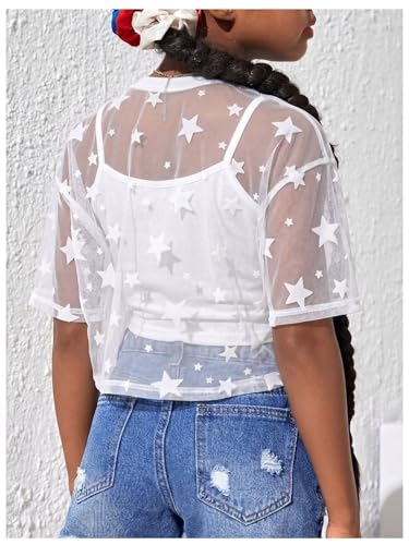 Image of BEAUDRM Girl's 2 Piece Set Star Graphic Sheer Mesh Shirt Crew Neck Short Sleeve Crop Top with Camisole