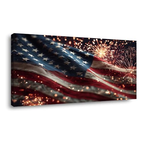 ZESTRILIA American Flag with Fireworks Canvas Wall Art for Living