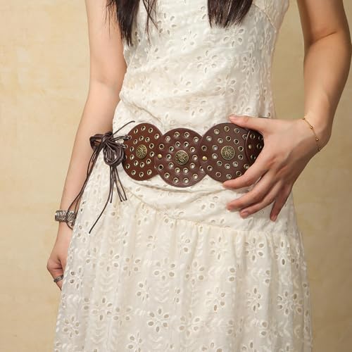 Retro Waist Belts for Women PU Leather Wide Belt Disc Hollow Lace up Bohemian Vintage Belt Decor Dress Jeans Pants3