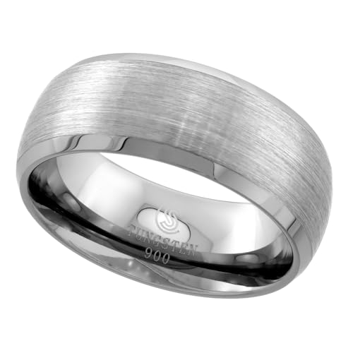 Sabrina Silver Tungsten Carbide 8 mm Dome Wedding Band Ring Satin Finished Mirror Beveled Edges size 9.5