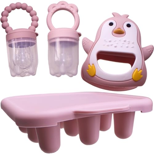 MIMITO Juego de 2 chupadores de frutas + bandeja para congelador + juguete dental de pingüino, juego de alimentos para bebés de silicona, alimentador de alimentos para bebés con bandeja de congelación