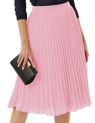 Rorzain Pleated Midi Skirts for Women High Waisted Skirts Swing A-Line Knee Length Skirt,Pink,L